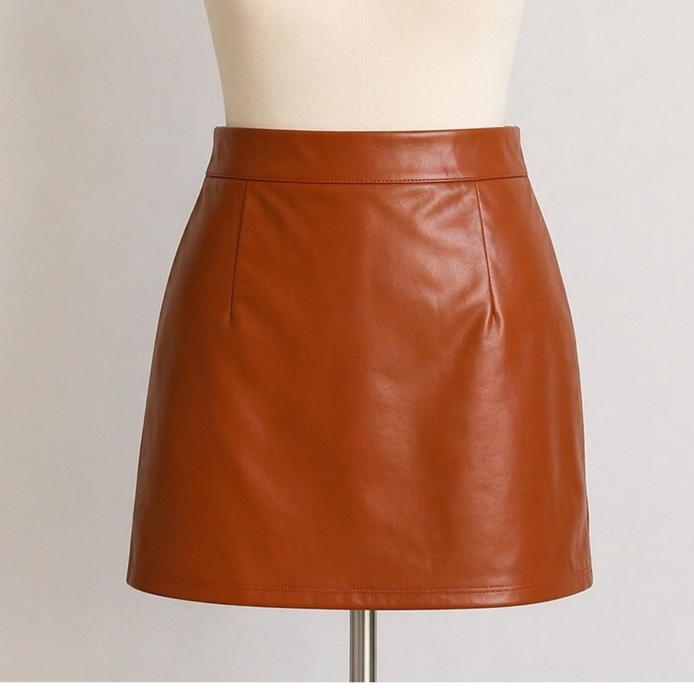 NEW Womens Faux Leather Mini Skirt Rust Brown Cottagecore Y2K Minimalist Size 14